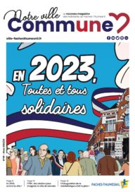 Couverture du magazine municipal représentant une illustration de la population devant la mairie - Agrandir l'image, fenêtre modale