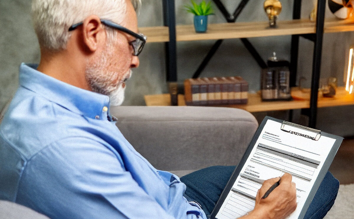 Un homme qui rempli un formulaire