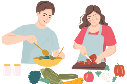 Illustration d'un atelier cuisine avec un homme et une femme - Agrandir l'image, fenêtre modale