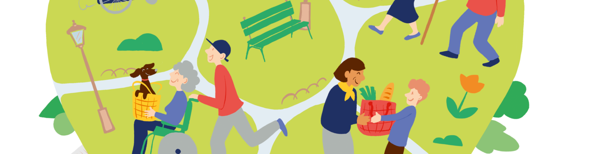 illustration avec des personnages dans une ville en forme de coeur
