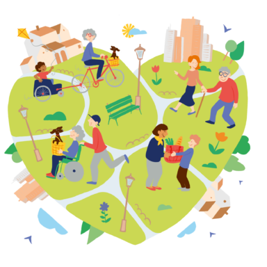 illustration avec des personnages dans une ville en forme de coeur